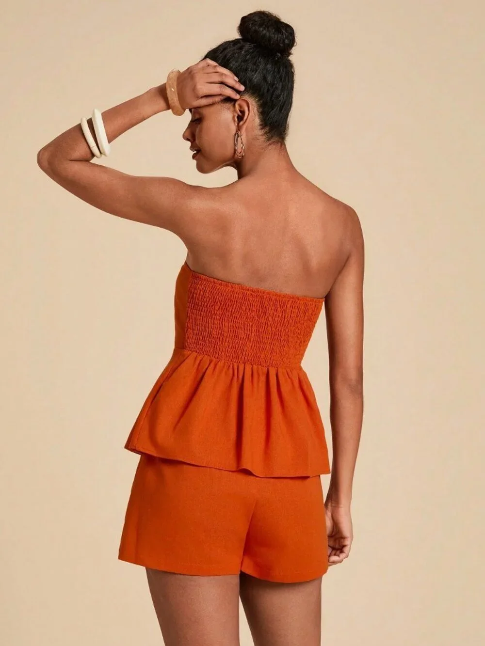 Orange Casual Women's 3d Floral Decor Tube Top And Shorts coord Set